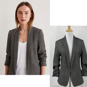 H&M Blazer size 2 Black White Herringbone Padded Shoulders Ruched Sleeve Jacket